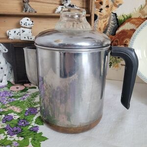 Vintage Copper Bottom Stainless Steel Coffee Percolator with Black Handle